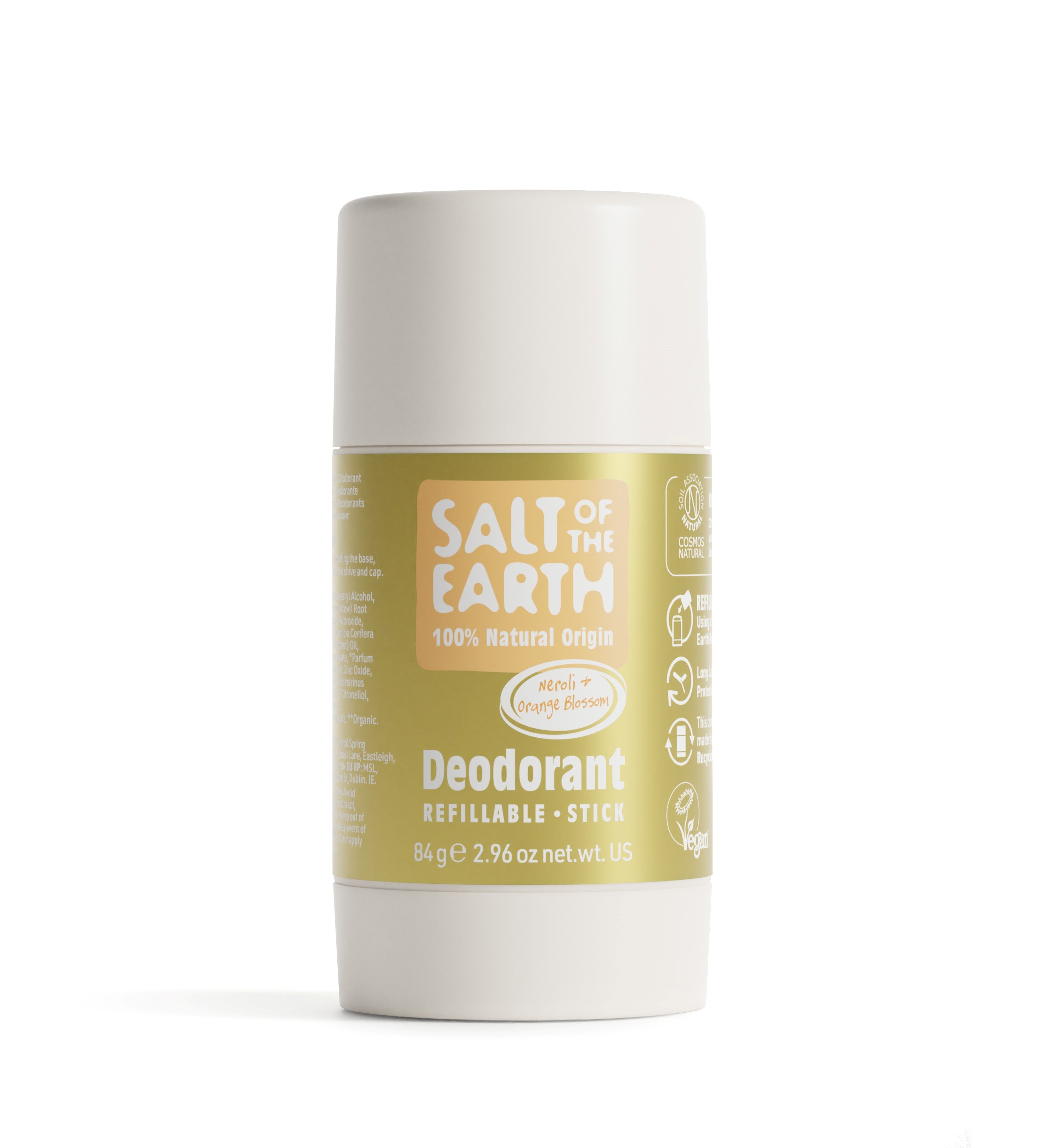 Salt of the Earth 84g Neroli & Orange Blossom natural deodorant stick with refillable packaging.