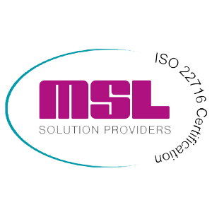 MSL Solution Providers logo indicating ISO 22716 certification for Good Manufacturing Practices in cosmetics.