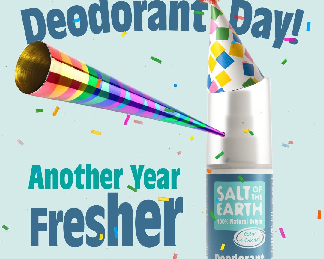 Salt of the Earth Ocean & Coconut refillable spray deodorant wearing a party hat with confetti and party blower, celebrating National Deodorant Day with the text ‘Happy National Deodorant Day! Another Year Fresher