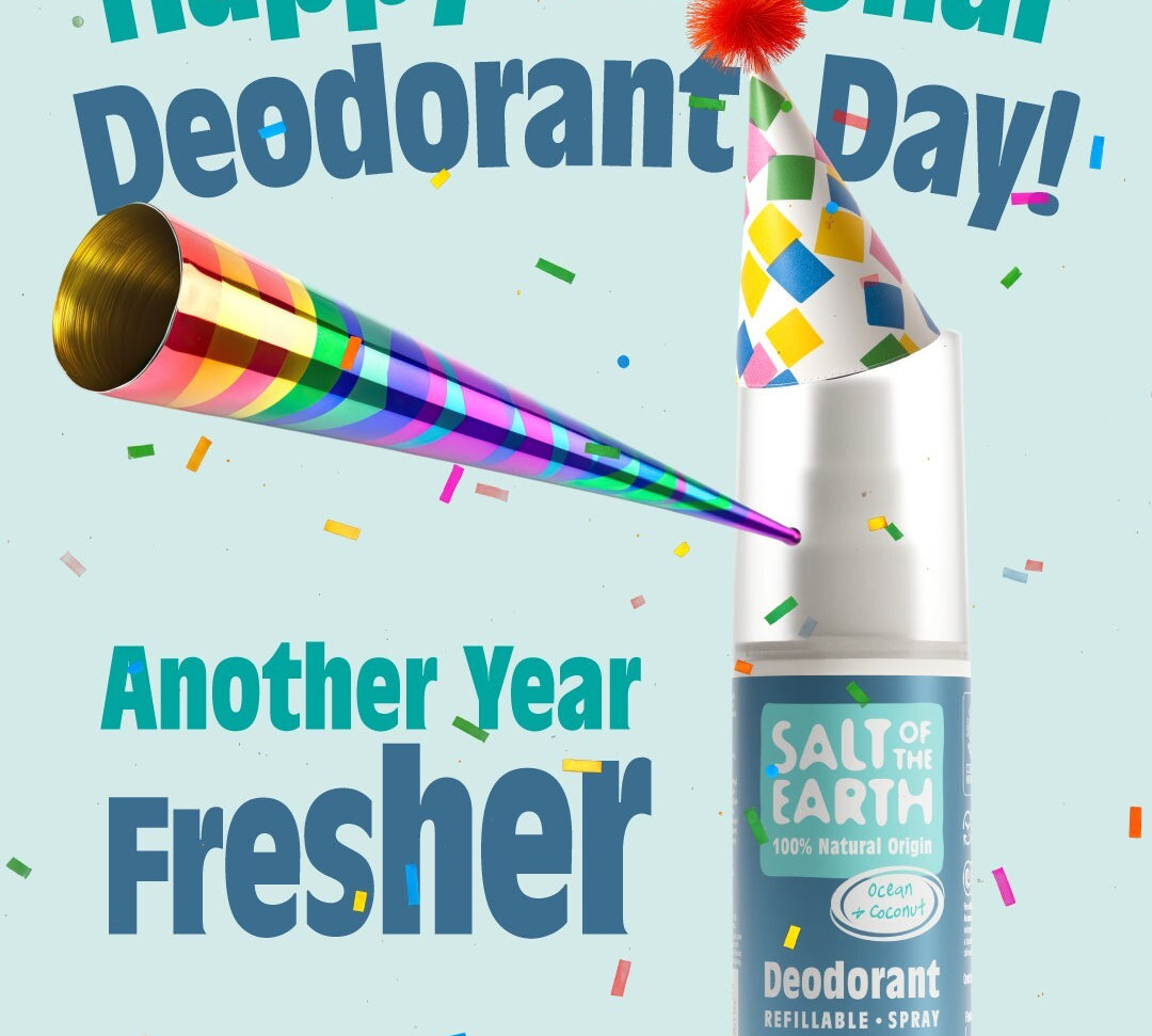 Salt of the Earth Ocean & Coconut refillable spray deodorant wearing a party hat with confetti and party blower, celebrating National Deodorant Day with the text ‘Happy National Deodorant Day! Another Year Fresher