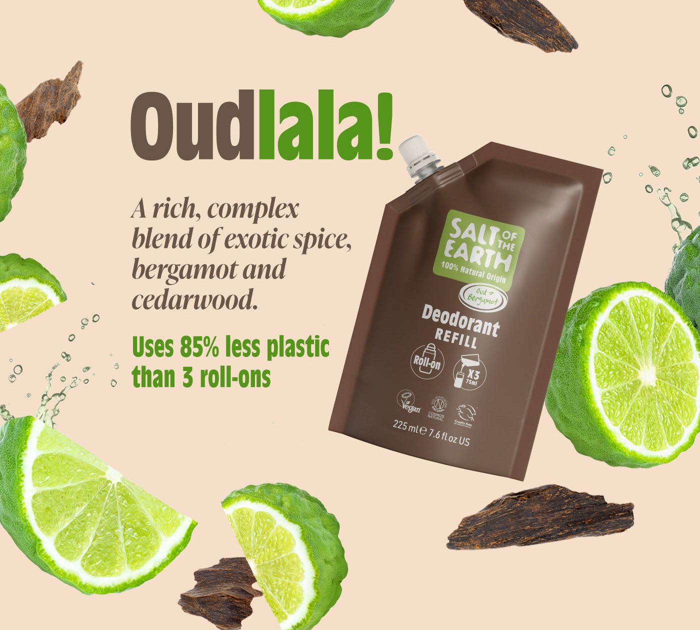 Salt of the Earth Oud & Bergamot roll-on deodorant refill pouch with natural ingredients like lime, bergamot, and cedarwood, promoting 85% less plastic use compared to three roll-ons.