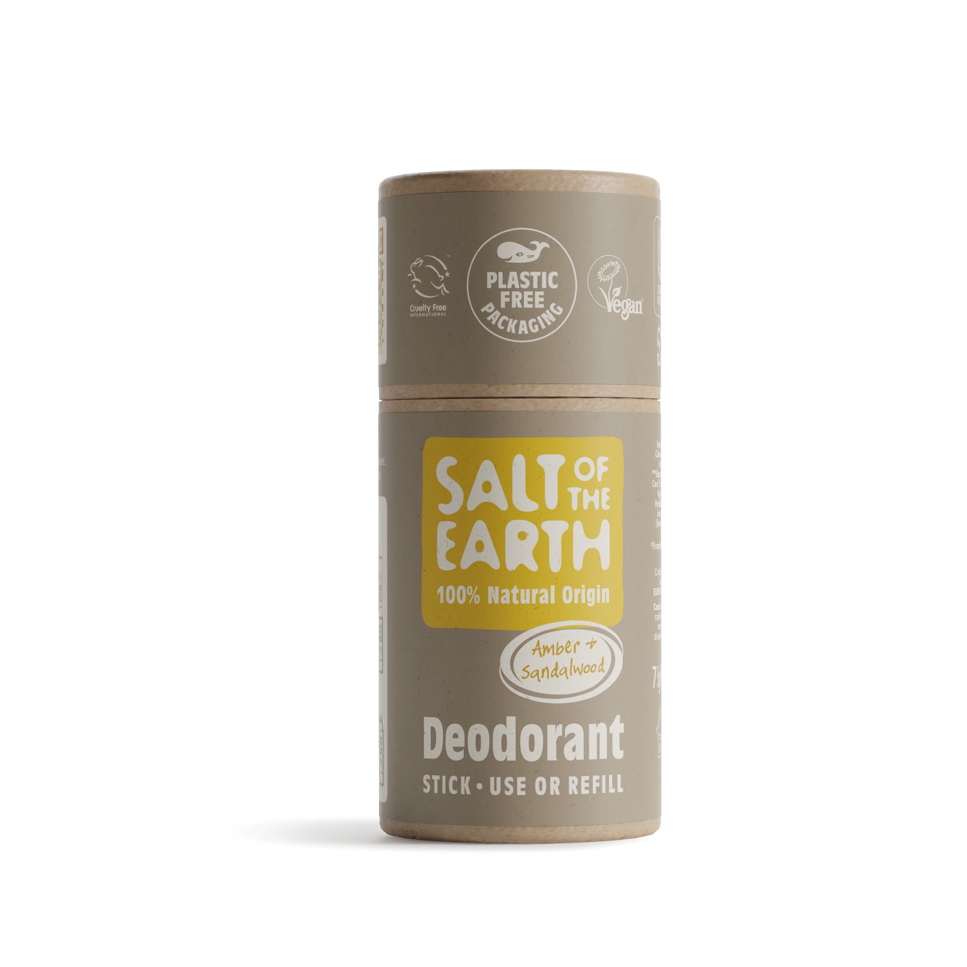 Salt of the Earth 75g Amber + Sandalwood natural deodorant stick with plastic-free packaging.