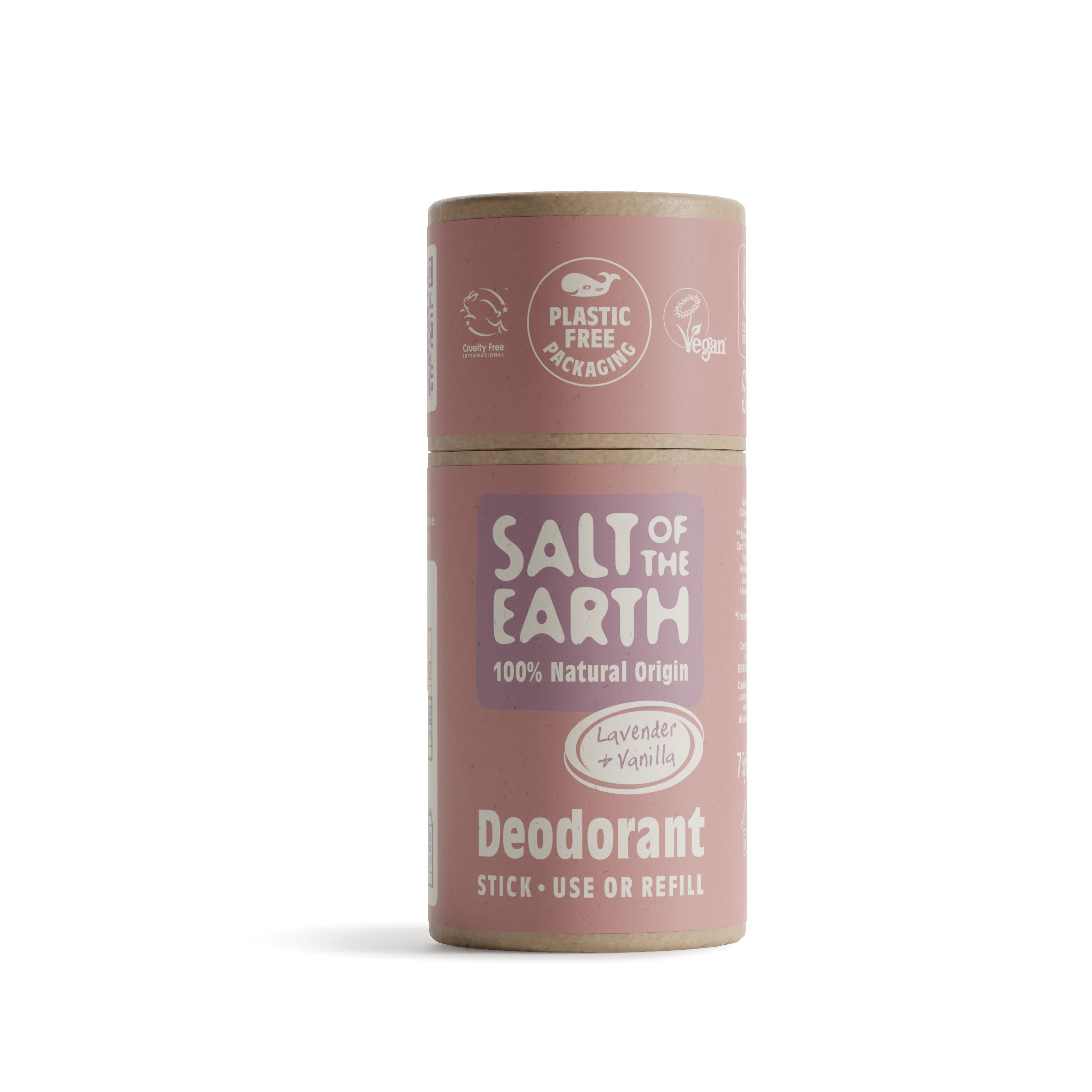 Salt of the Earth 75g Lavender + Vanilla natural deodorant stick with plastic-free packaging.