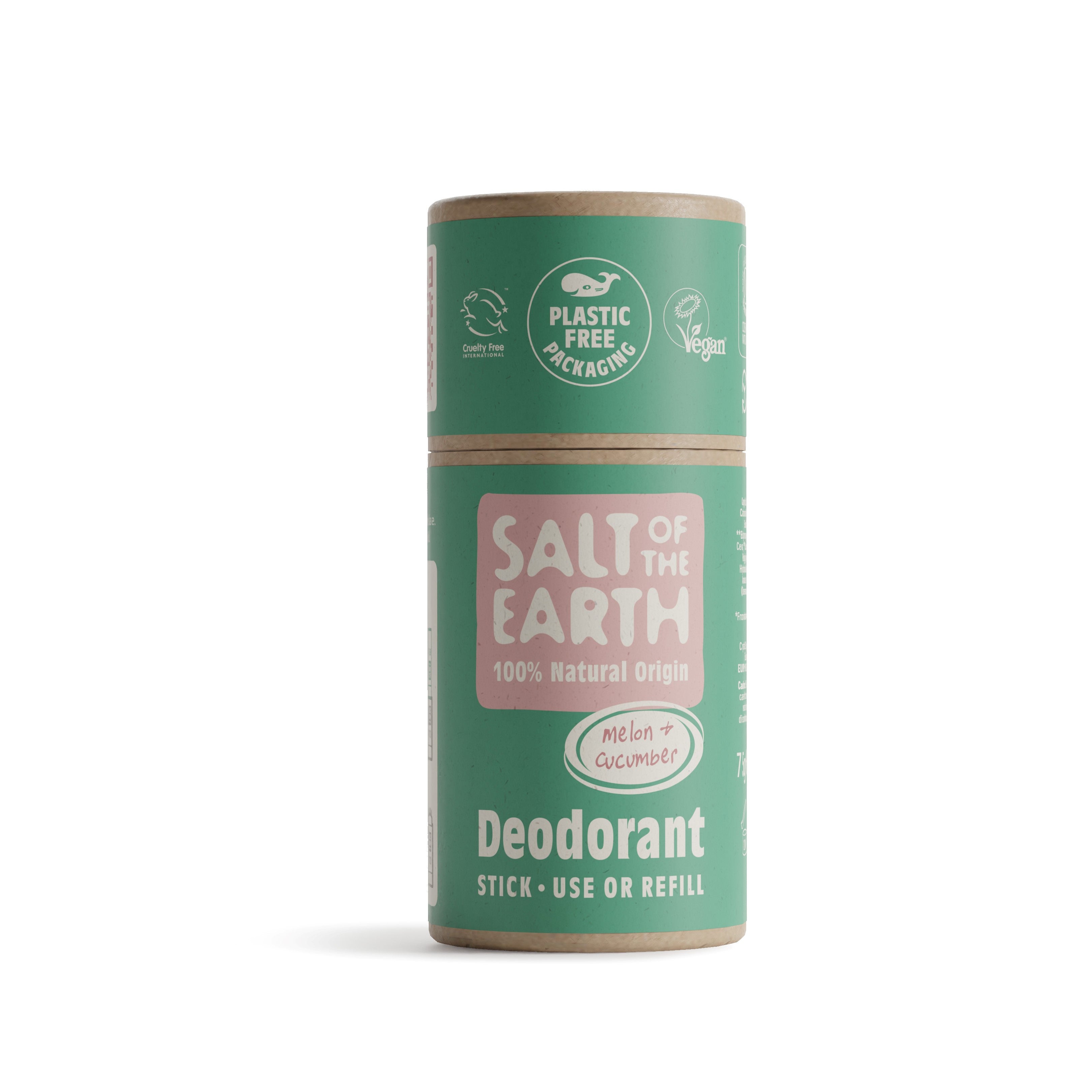 Salt of the Earth 75g Melon + Cucumber natural deodorant stick with plastic-free packaging.