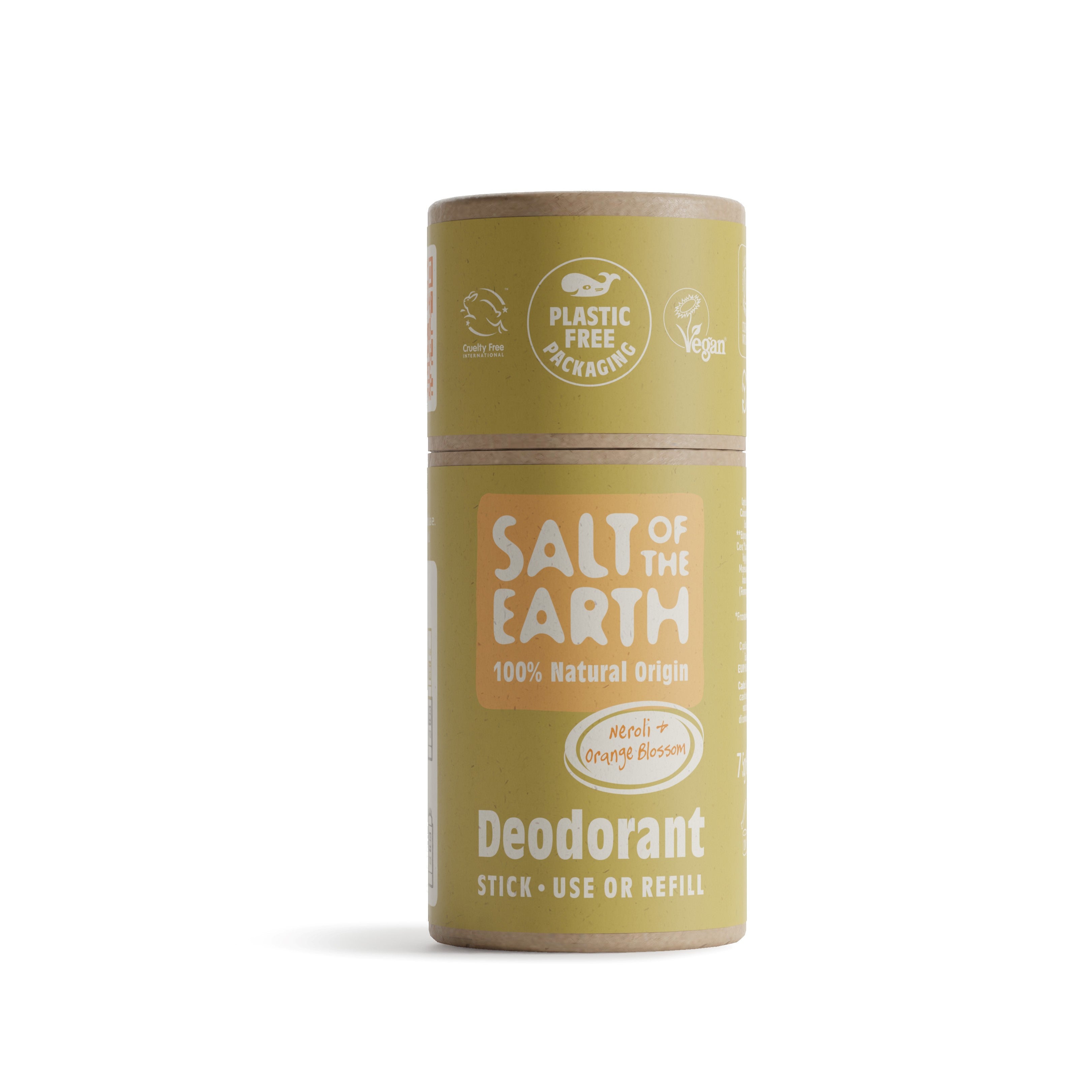 Salt of the Earth 75g Neroli + Orange Blossom natural deodorant stick with plastic-free packaging.