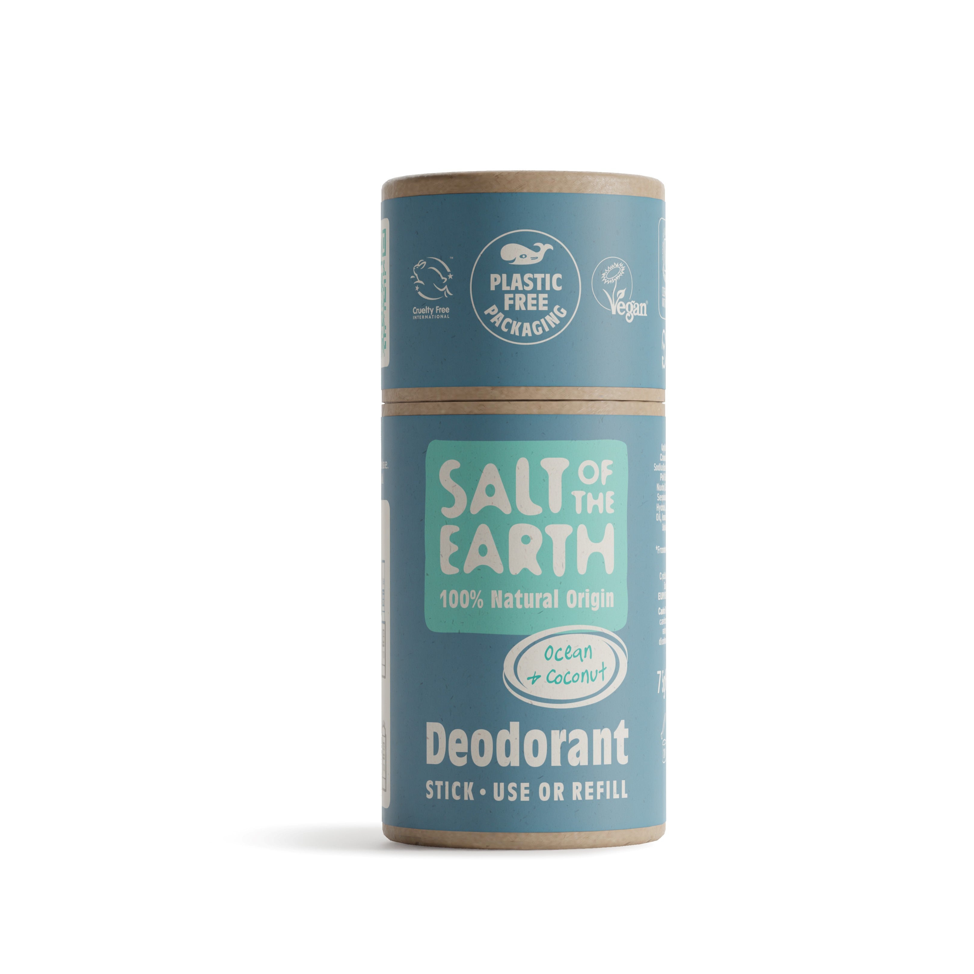 Salt of the Earth 75g Ocean + Coconut natural deodorant stick with plastic-free packaging.