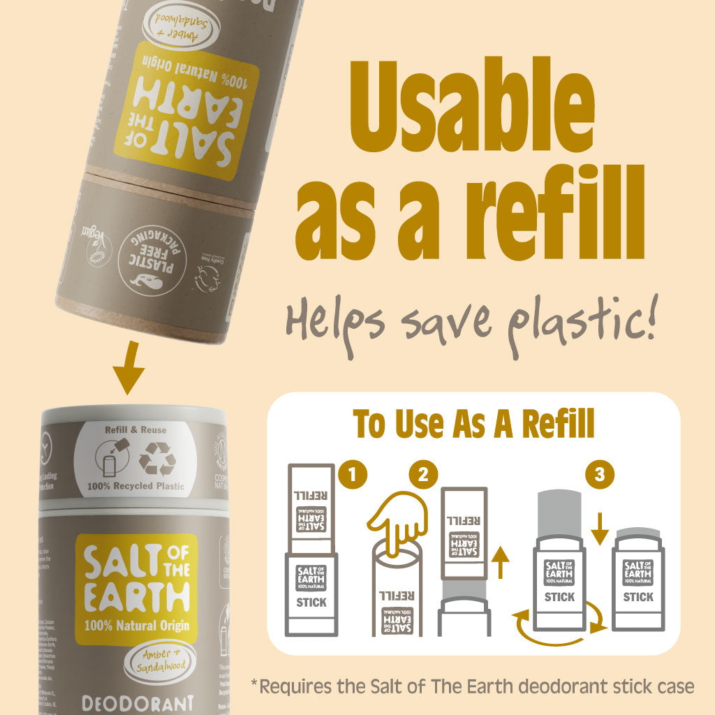 Salt of the Earth Amber + Sandalwood deodorant stick usable as a refill, helping save plastic and reduce waste.