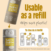 Salt of the Earth Amber + Sandalwood deodorant stick usable as a refill, helping save plastic and reduce waste.