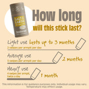 Salt of the Earth Amber + Sandalwood deodorant stick usage guide, lasting up to 3 months with light use and 1 month with heavy use.
