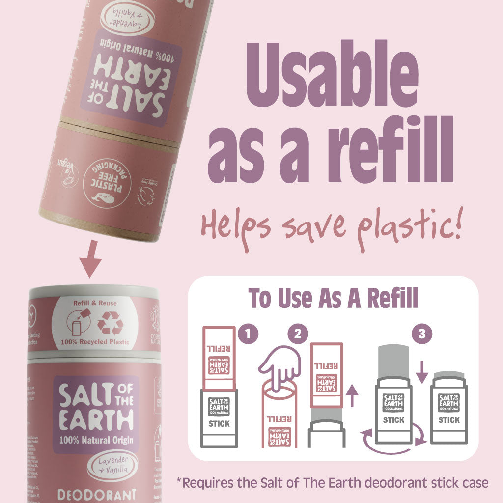 Salt of the Earth Lavender + Vanilla deodorant stick usable as a refill, helping save plastic and reduce waste.