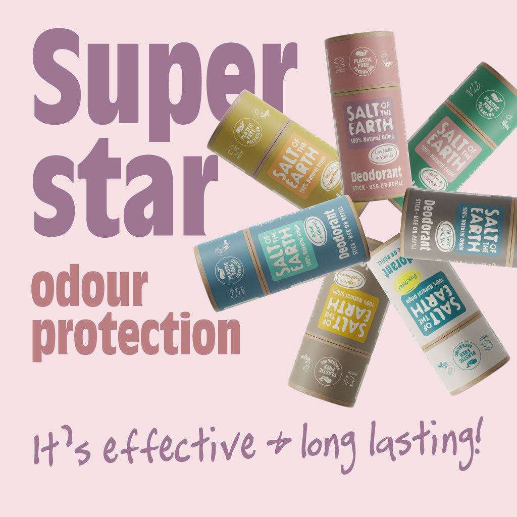 Salt of the Earth natural deodorant sticks in various scents, offering effective, long-lasting odour protection.