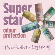 Salt of the Earth natural deodorant sticks in various scents, offering effective, long-lasting odour protection.