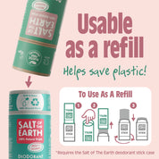 Salt of the Earth Melon + Cucumber deodorant stick usable as a refill, helping save plastic and reduce waste.