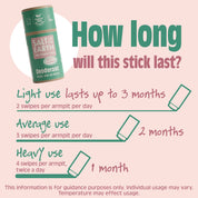 Salt of the Earth Melon + Cucumber deodorant stick usage guide, lasting up to 3 months with light use and 1 month with heavy use.