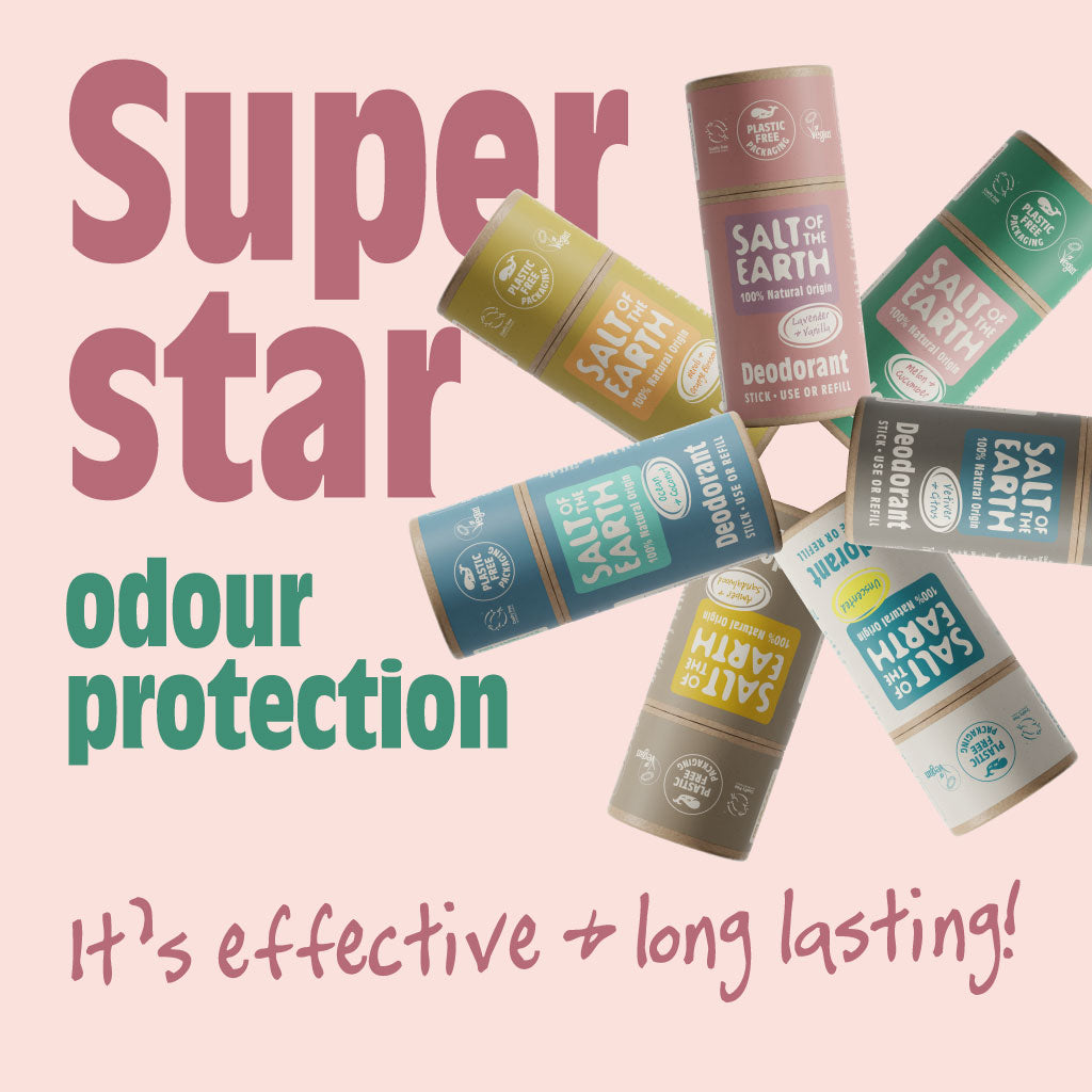 Salt of the Earth natural deodorant sticks in various scents, offering effective, long-lasting odour protection.