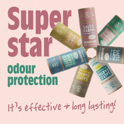 Salt of the Earth natural deodorant sticks in various scents, offering effective, long-lasting odour protection.