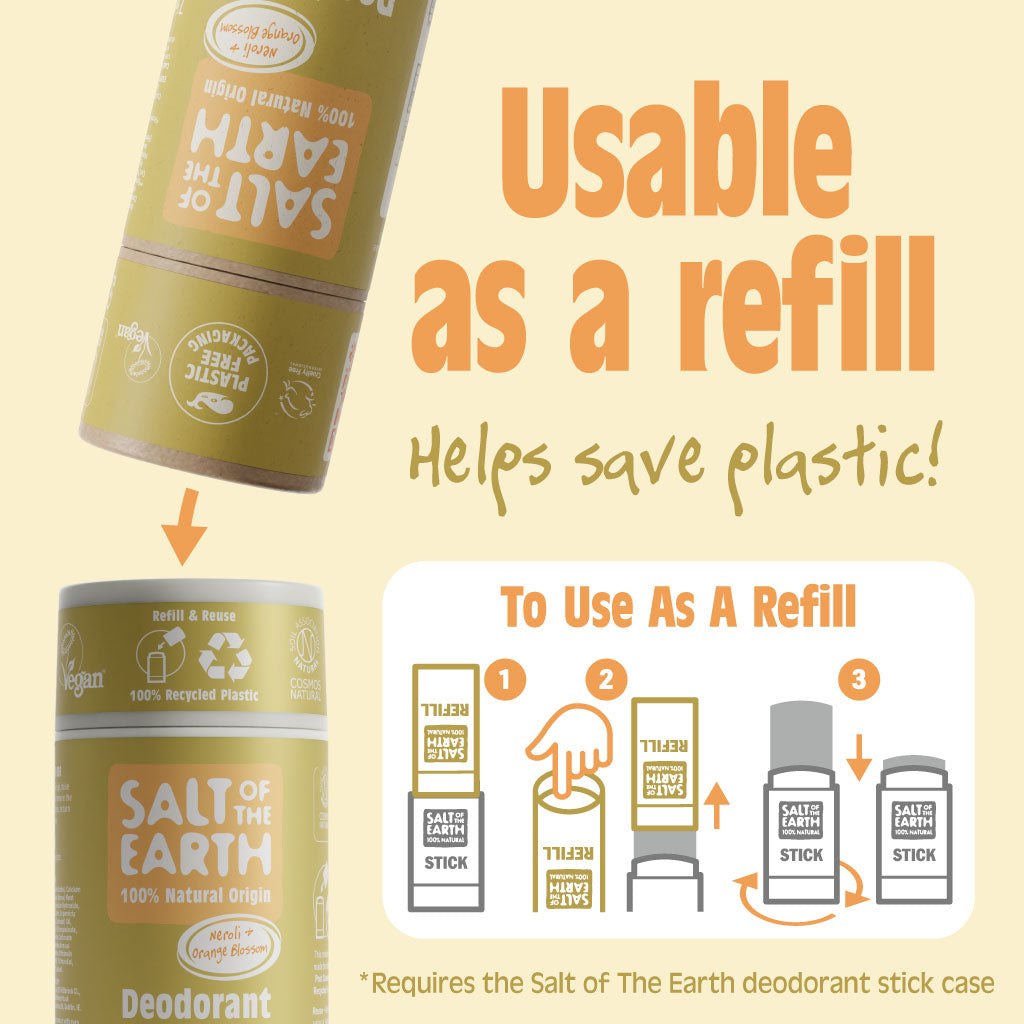 Salt of the Earth Neroli + Orange Blossom deodorant stick usable as a refill, helping save plastic and reduce waste.