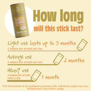 Salt of the Earth Neroli + Orange Blossom deodorant stick usage guide, lasting up to 3 months with light use and 1 month with heavy use.
