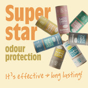 Salt of the Earth natural deodorant sticks in various scents, offering effective, long-lasting odour protection.