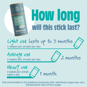 Salt of the Earth Ocean + Coconut deodorant stick usage guide, lasting up to 3 months with light use and 1 month with heavy use.