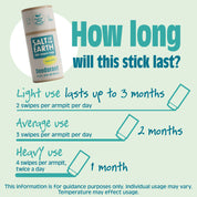 Salt of the Earth Unscented deodorant stick usage guide, lasting up to 3 months with light use and 1 month with heavy use.