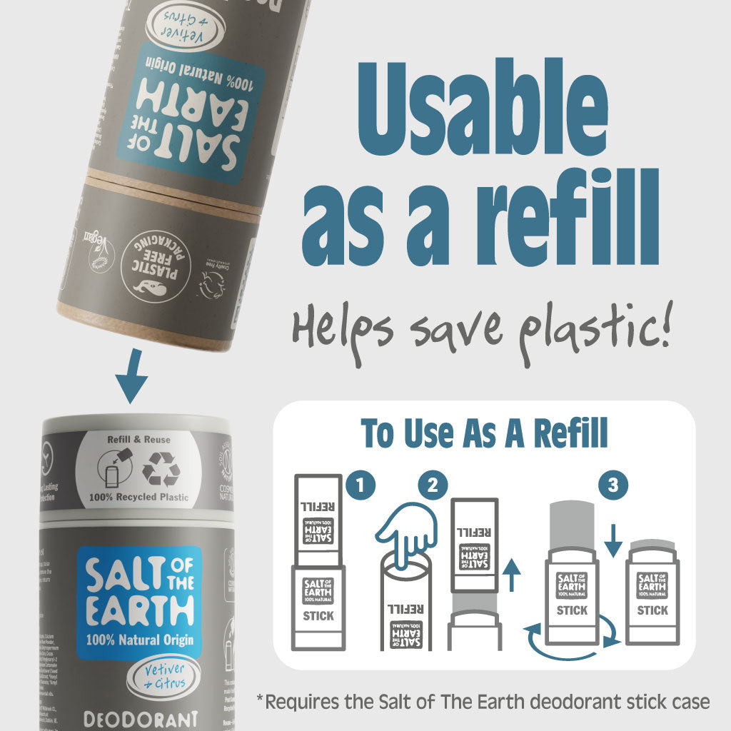 Salt of the Earth Vetiver & Citrus deodorant stick usable as a refill, helping save plastic and reduce waste.