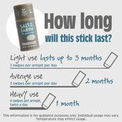 Salt of the Earth Vetiver & Citrus deodorant stick usage guide, lasting up to 3 months with light use and 1 month with heavy use.