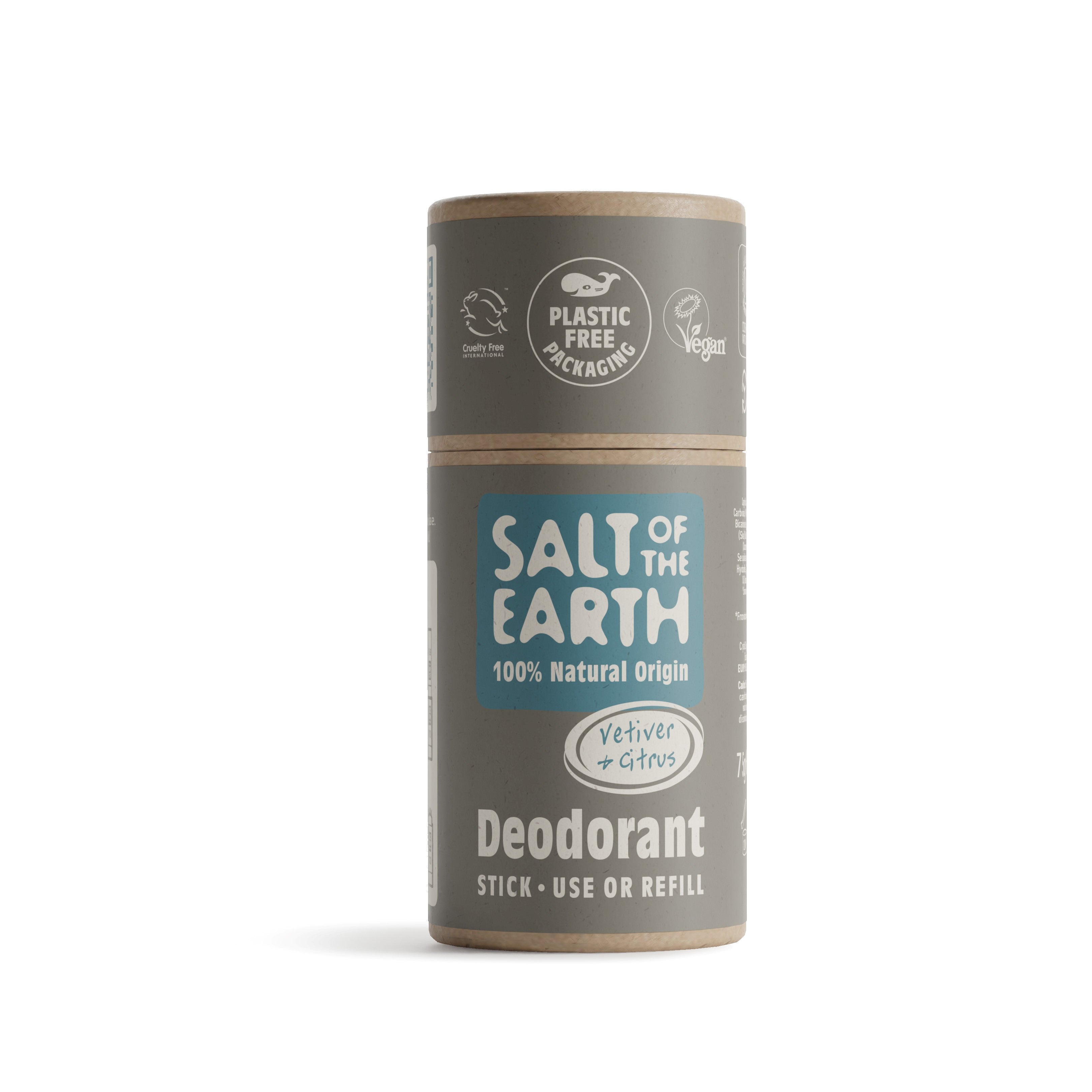 Salt of the Earth 75g Vetiver & Citrus natural deodorant stick with plastic-free packaging.