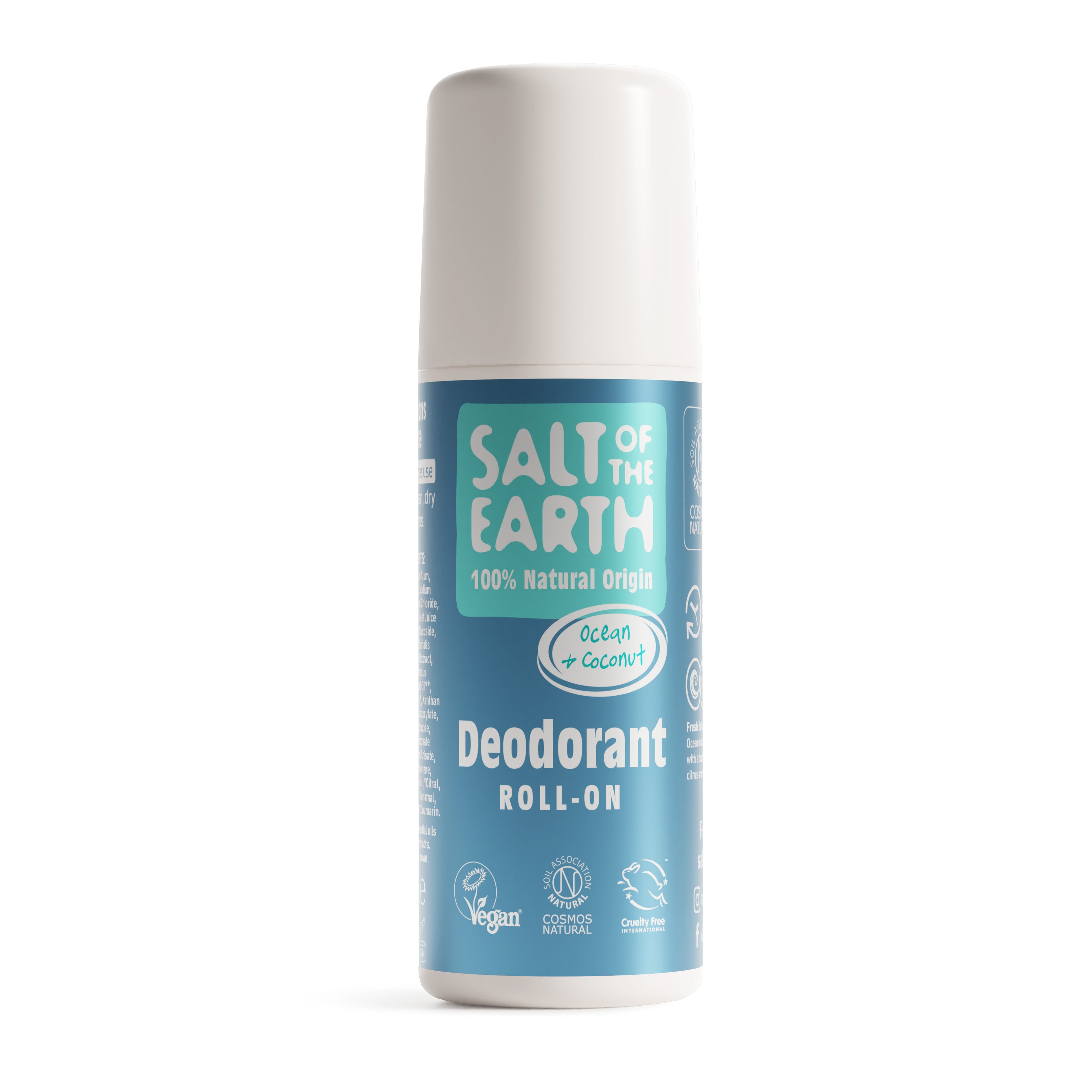 Salt of the Earth 75ml Ocean & Coconut natural deodorant roll-on with 100% natural origin ingredients.