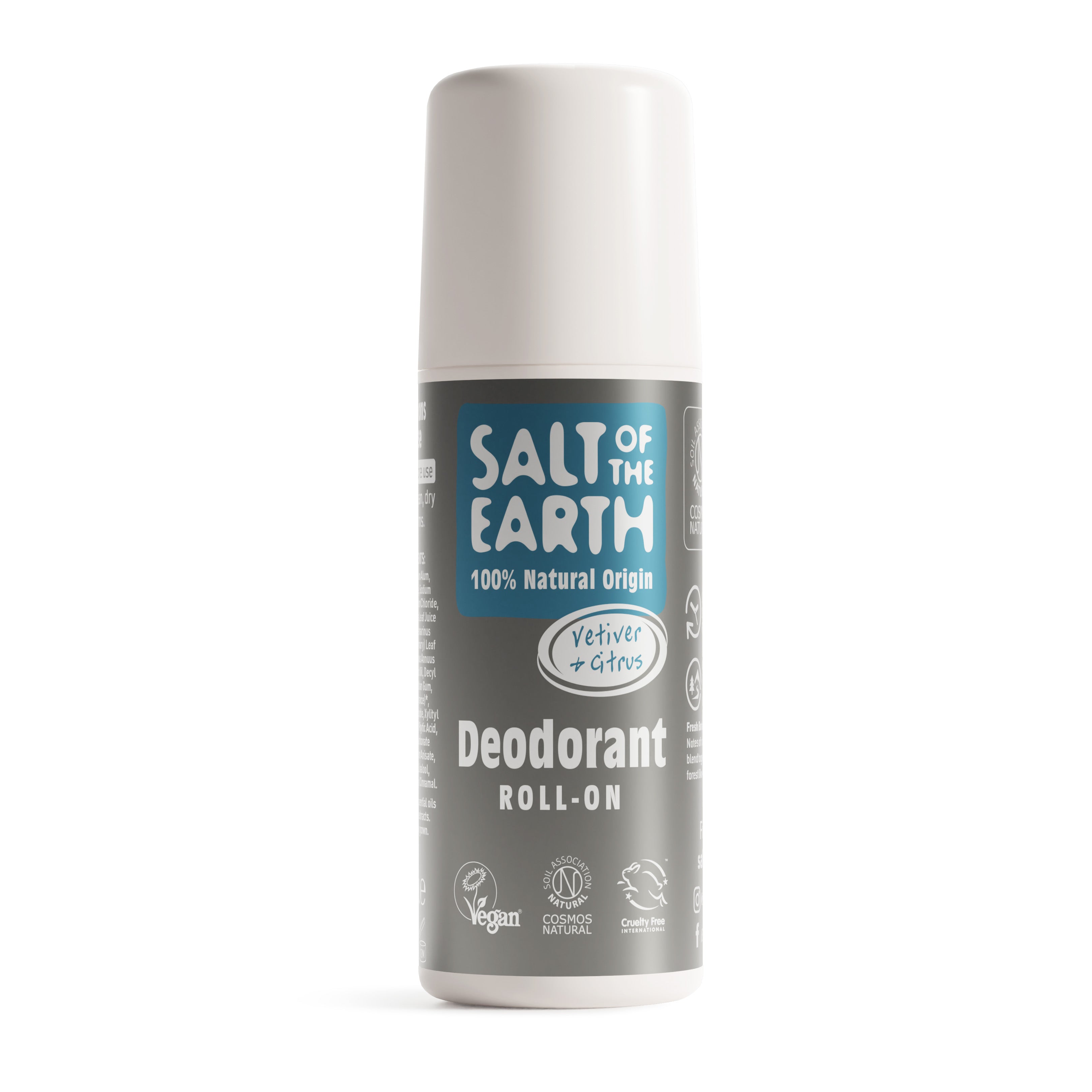Salt of the Earth 75ml Vetiver & Citrus natural deodorant roll-on with 100% natural origin ingredients.