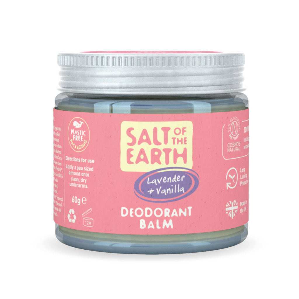 Salt of the Earth Lavender + Vanilla natural deodorant balm with plastic-free packaging.