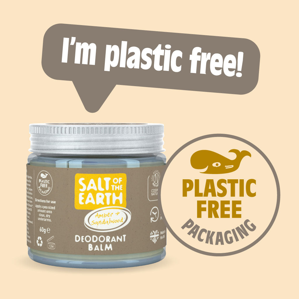 Salt of the Earth Amber + Sandalwood deodorant balm in plastic-free, eco-friendly packaging.