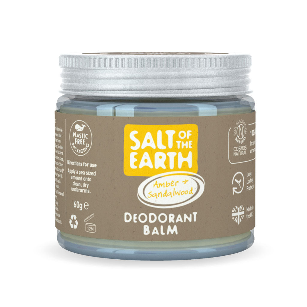 Salt of the Earth Amber + Sandalwood natural deodorant balm with plastic-free packaging.