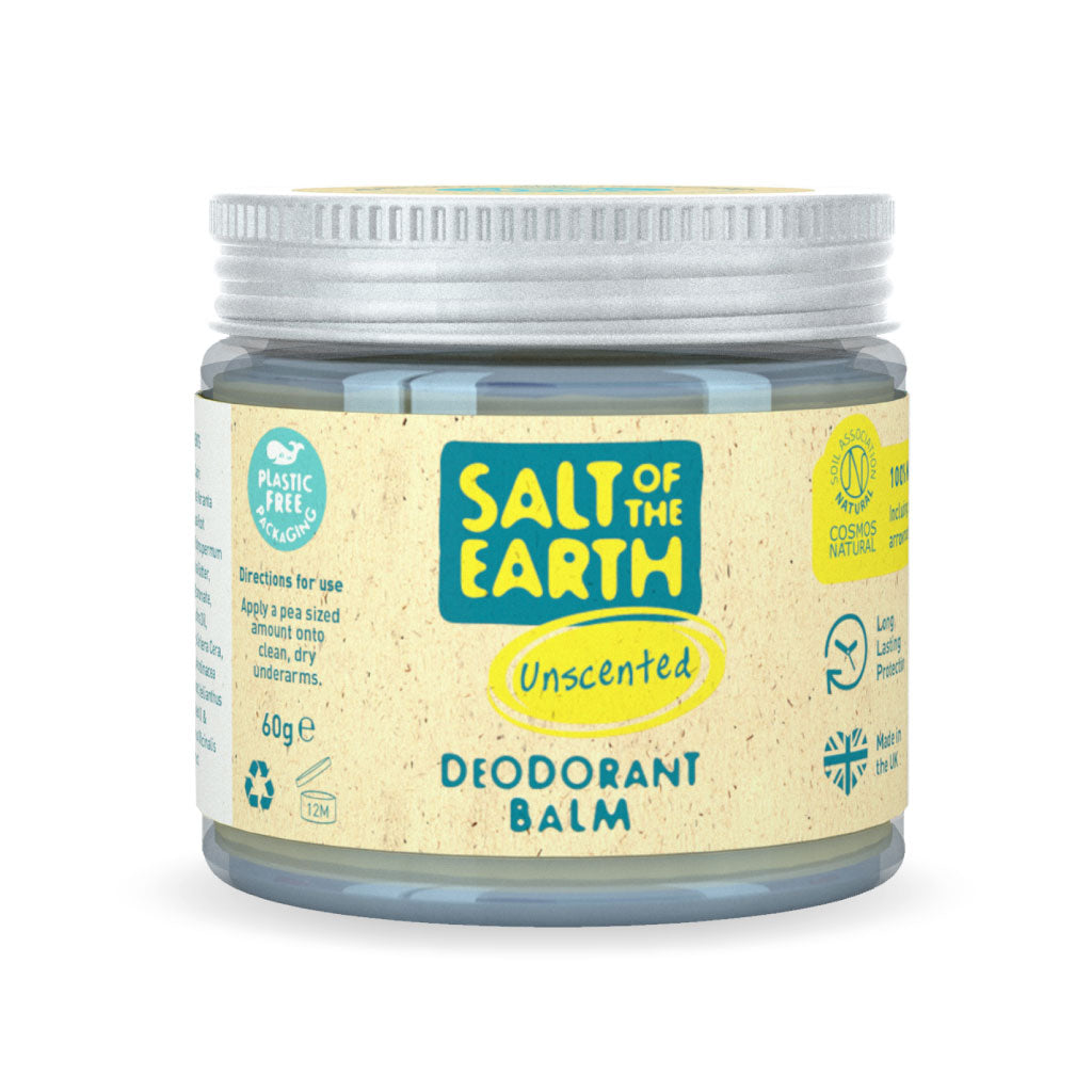 Salt of the Earth Unscented natural deodorant balm with plastic-free packaging.