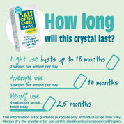Usage duration guide for Salt of the Earth Classic Natural Deodorant Plastic Free Crystal - light use lasts up to 18 months, average use 12 months, heavy use 3 months.