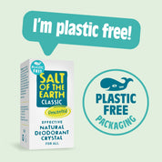 Salt of the Earth Classic Unscented Natural Deodorant Crystal in plastic-free packaging with 'I'm plastic free!' message