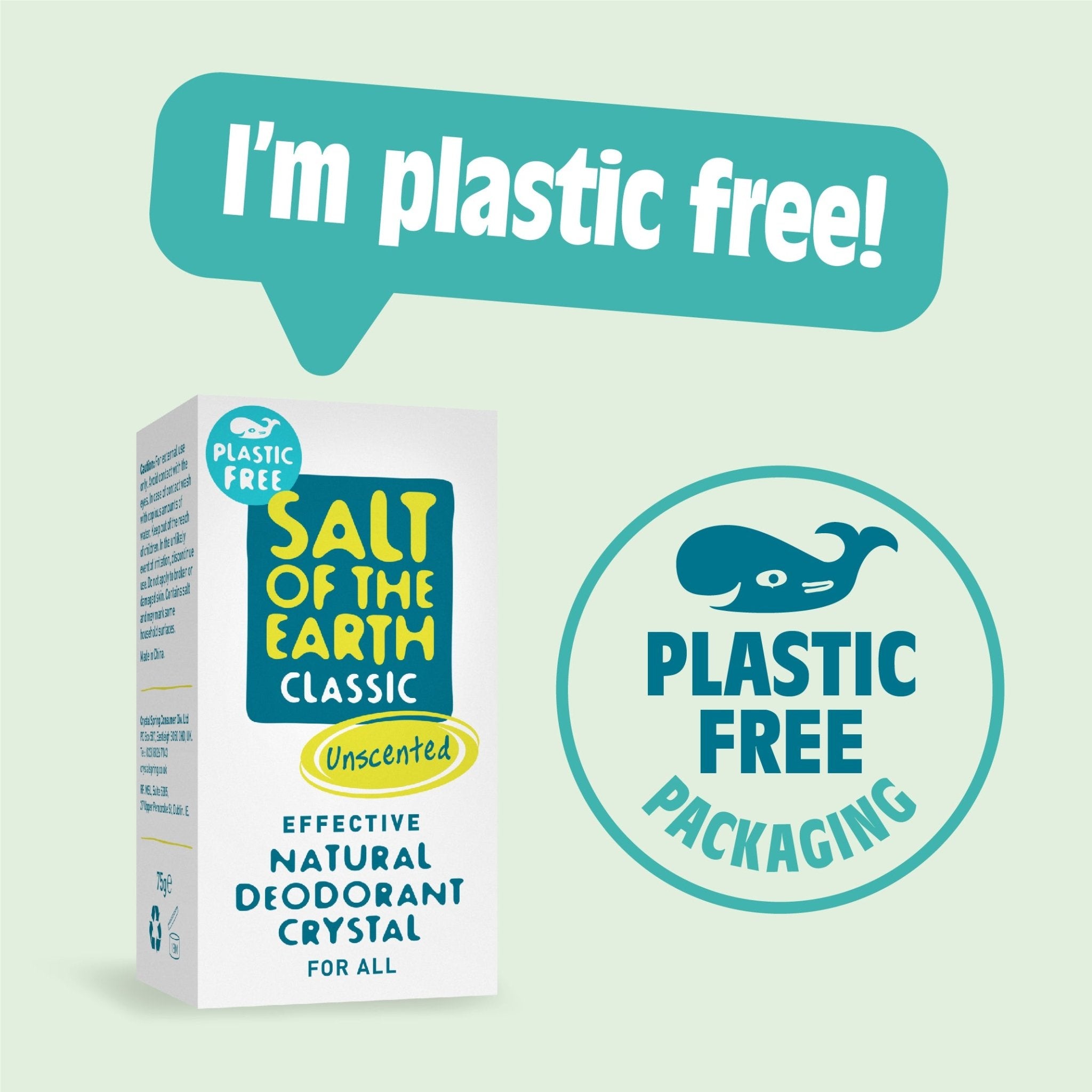 Salt of the Earth Classic Unscented Natural Deodorant Crystal in plastic-free packaging with 'I'm plastic free!' message